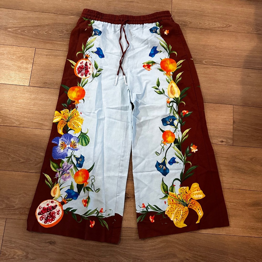 Maison d'Amélie Paris Linen Blend Floral Pomegranate Wide Leg Pants Large